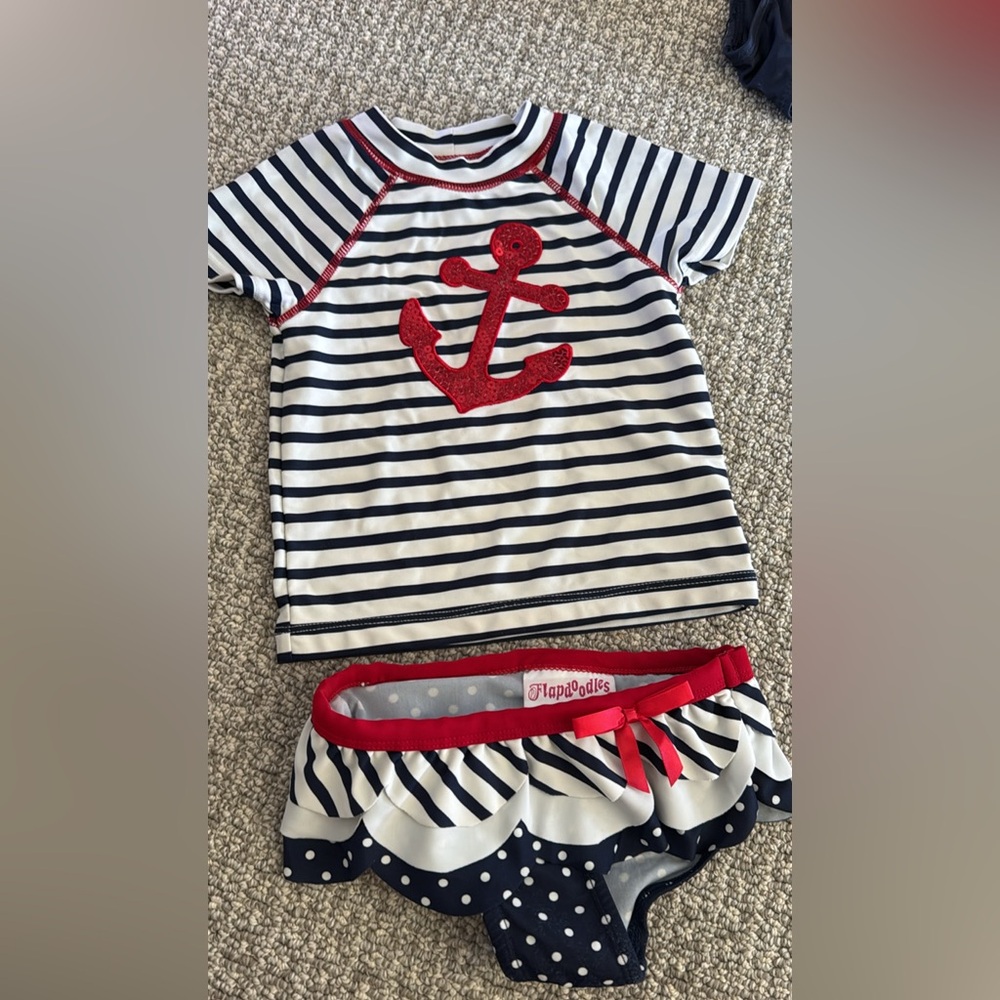 Flapdoodles Striped Nautical Swim Set Red Anchor Swimwear Rashguard Toddler 2T
